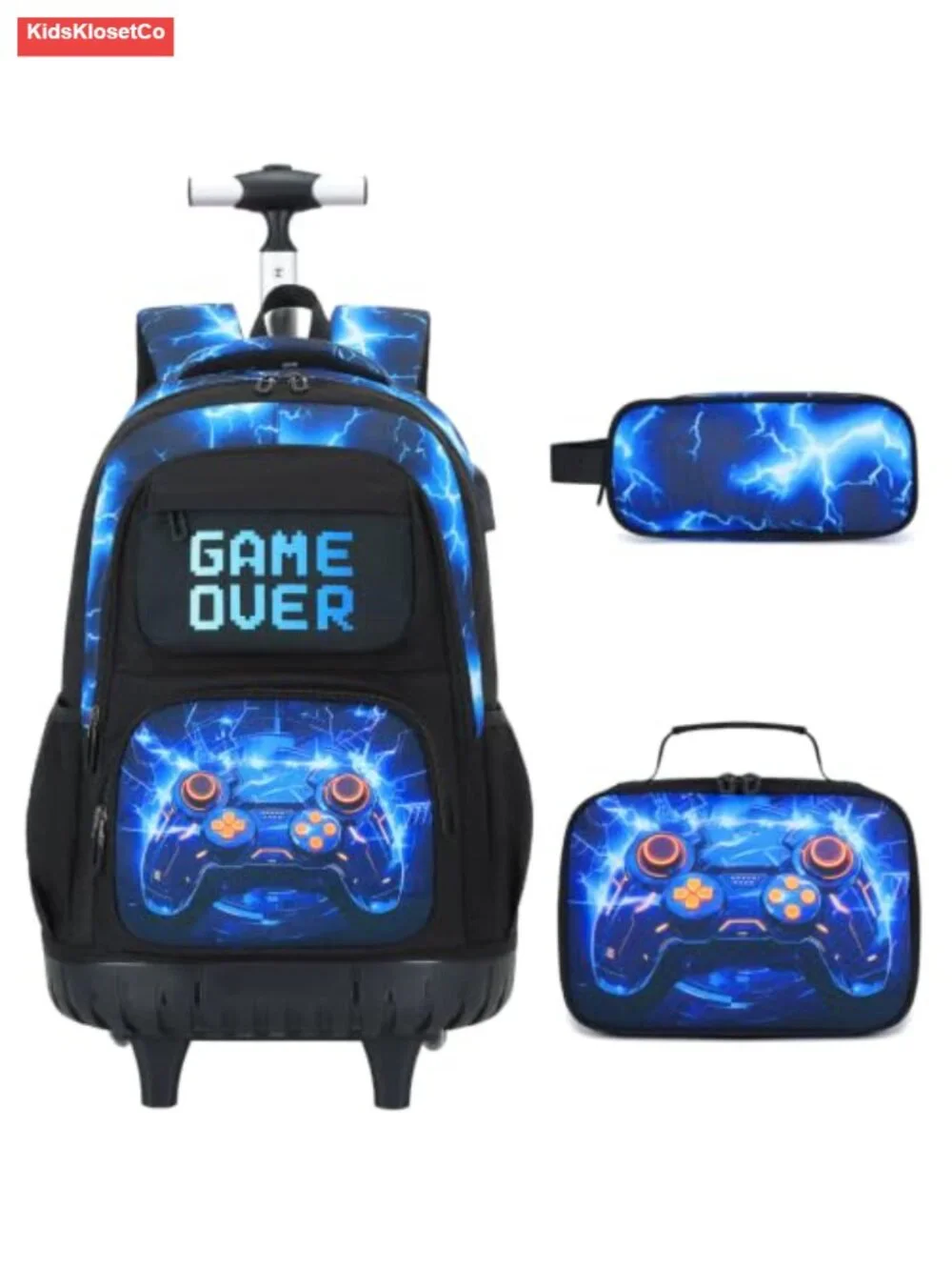 Boys Rolling Backpack with Wheels, Gamer 4-Piece Set Lunch Bag Pencil Case,